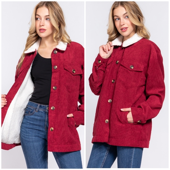 Cozy Burgundy Long Trucker Corduroy Sherpa Lined Jacket - Picture 2 of 4